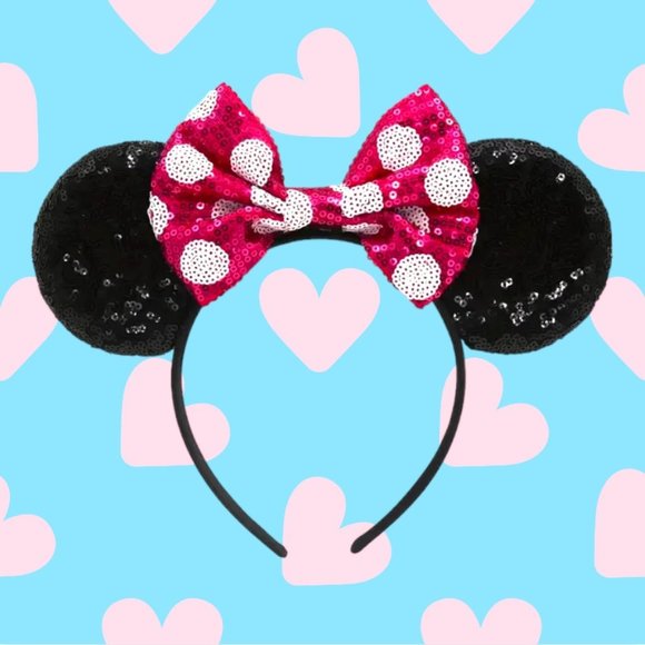 NWT 'Deep Magic' Classic Mouse Ears Headband w/Pink and White Polka Dot Bow - Picture 1 of 7